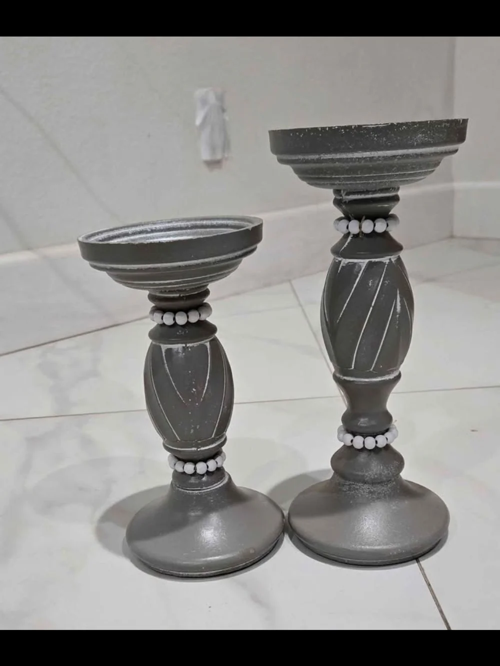 Gray Decorative Wooden Candle Holders with Bead Accents - Set of 2